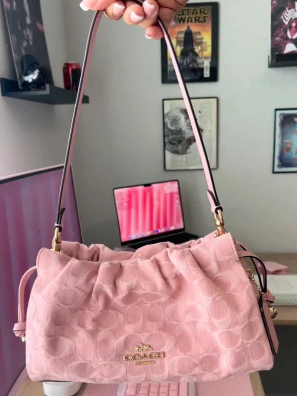 Coach Pink Signature Canvas Ruched Shoulder Purse Handbag